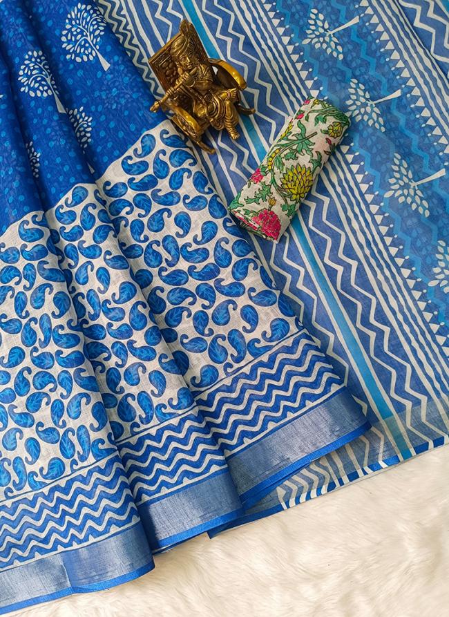 Linen Cotton Blue Casual Wear Printed Saree